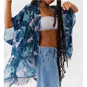 Urban Outfitters Kimono Womens One Size Blue and Purple Floral & Tassel Fringe